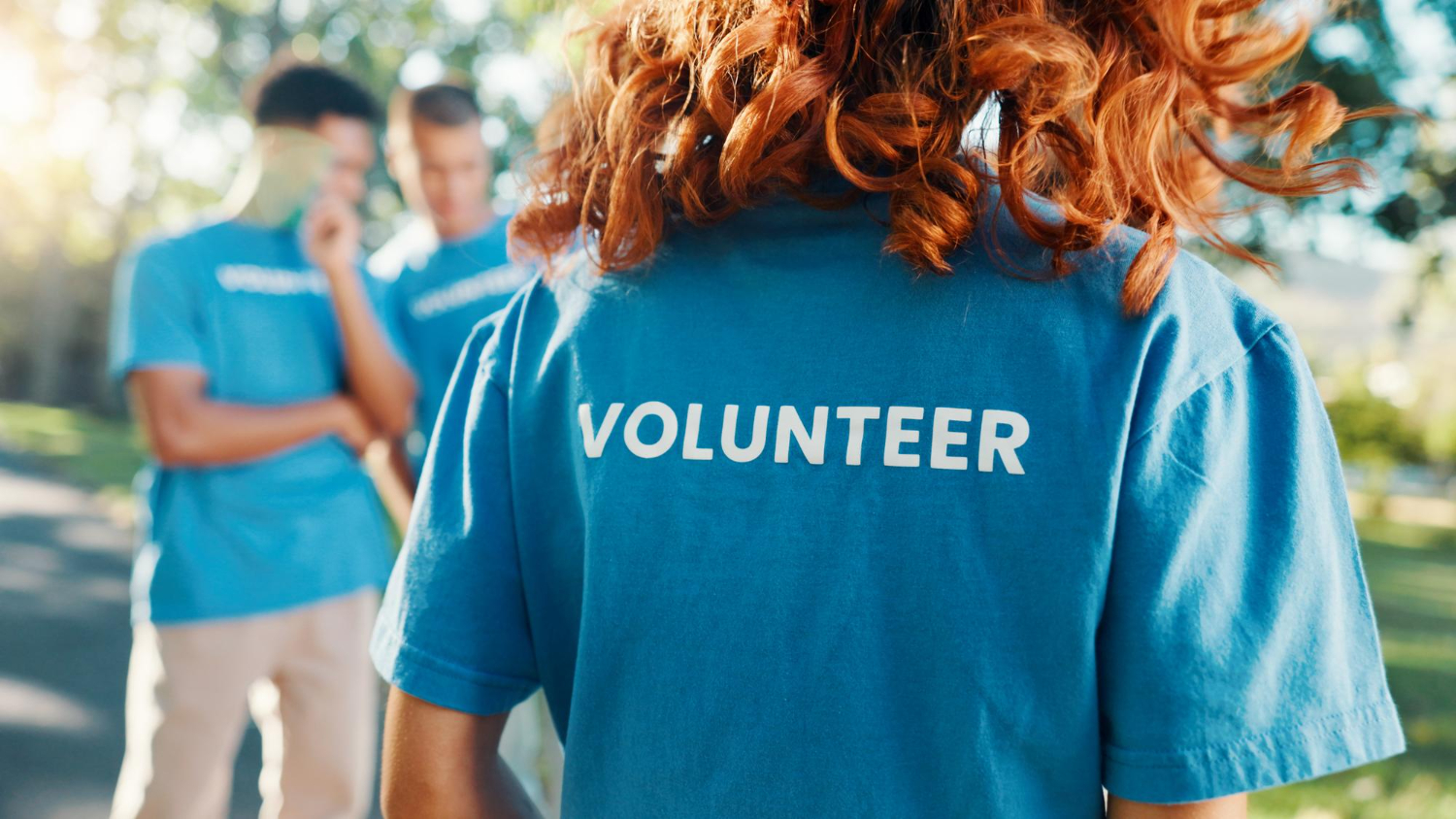 Volunteer shirt and back of woman in park for recycle program earth day or social